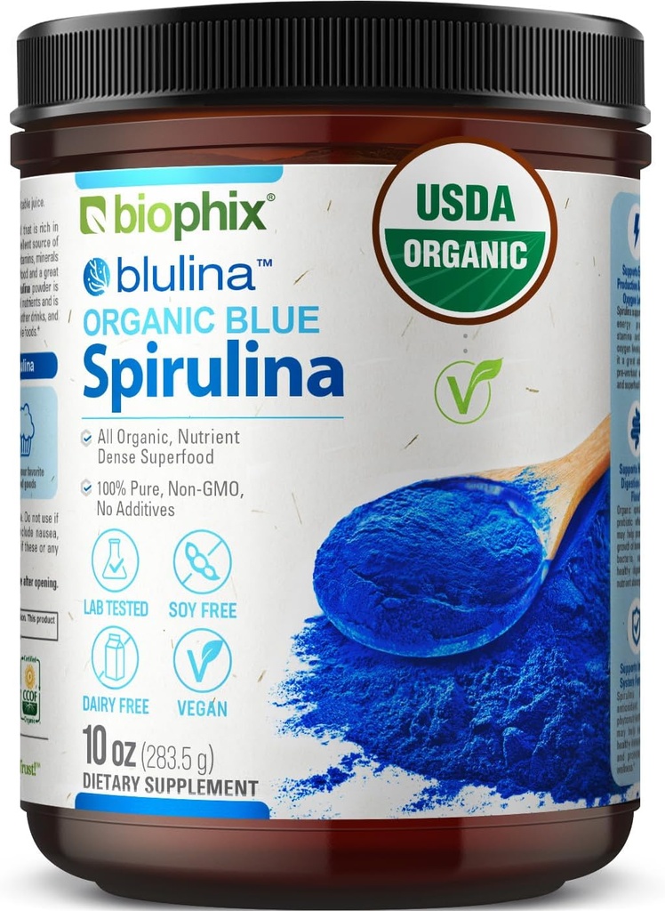 Biophix Blue Spirulina אורגני Blulina 10 oz - Algae Organic Spirulina 283 משרתים - Superfood תוסף - Natural Blue Pigment - Espirulina en Polvo Organica Pura Azul