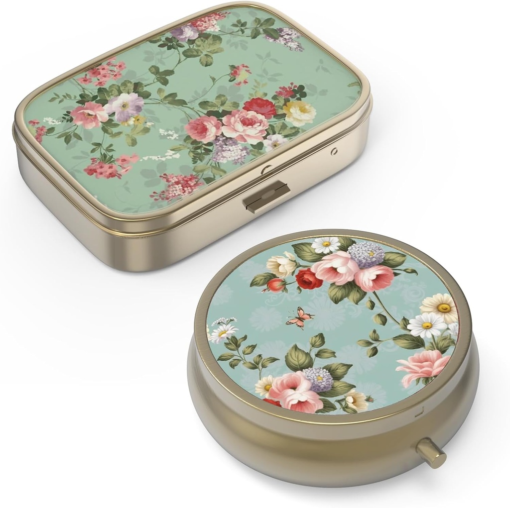 Pill Case Pill Box with Mirror Retro Small Pill Case for Purse or Pocket ברונזה או ויטמינים, שמן דגים, תוספים, Pill Containe Travel Gifts (2PCS)