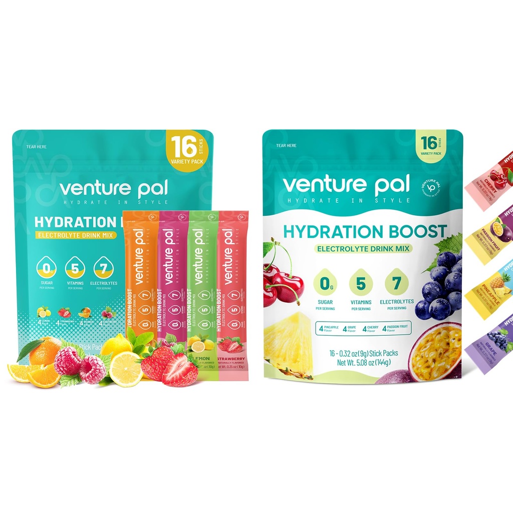 Venture Pal Sugar Free Electrolyte אבקת Packets - נוזל יומי הרביעי לשתות לערבב עבור הידרה מהירה & Party Recovery | 5 ויטמינים ו 7 אלקטרוליטים