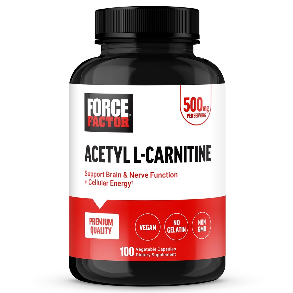 Force Factor Acetyl L-Carnitine Brain Supplement, Nerve Support Supplement, and cell Energy Booster, Acetyl L-Carnitine 500 מ"ג, איכות פרימיום, טבעוני, non-GMO, 100 קפסולות ירקות