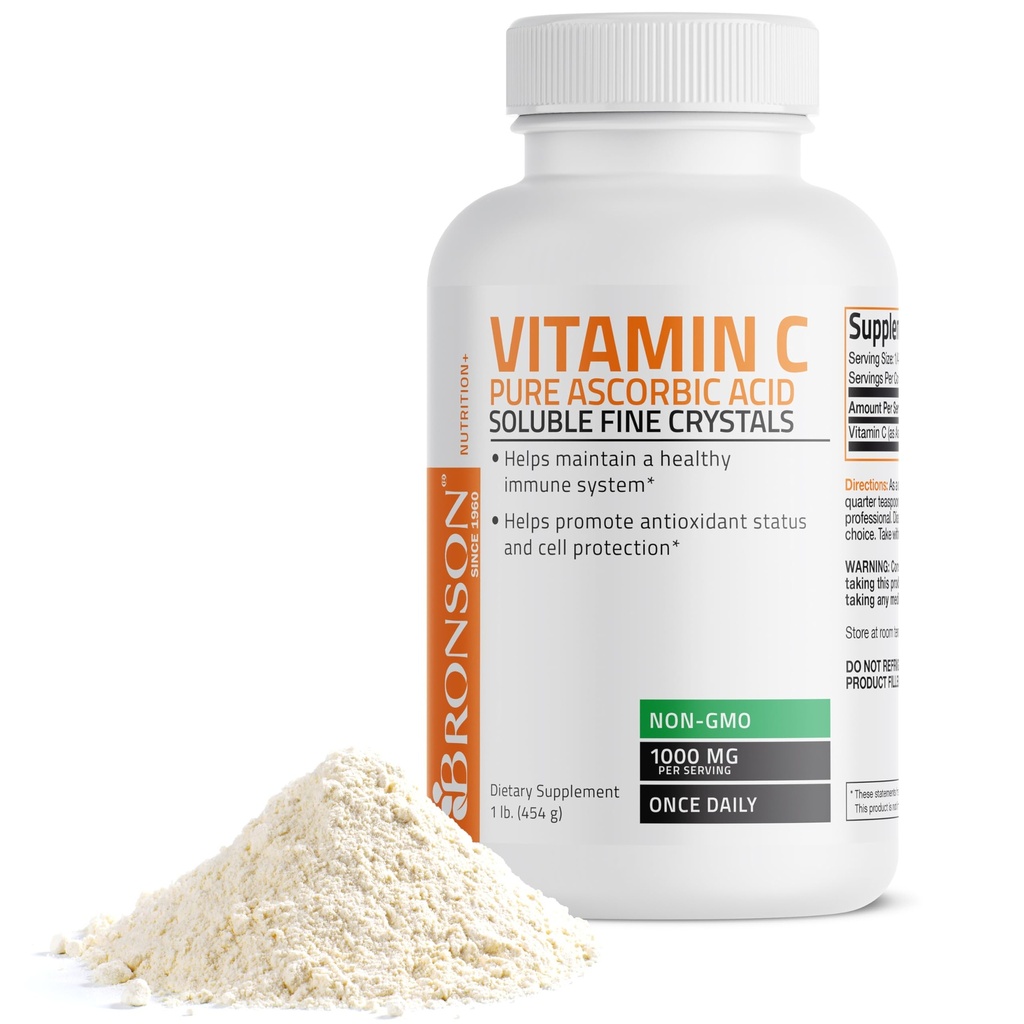 Bronson ויטמין C אבקת Pure Ascorbic Acid Soluble Fine Non GMO Crystals - מקדם מערכת החיסון בריאה והגנה על תאים - אנטי חמצון חזק - 1 פאונד (16 אוונסנס)