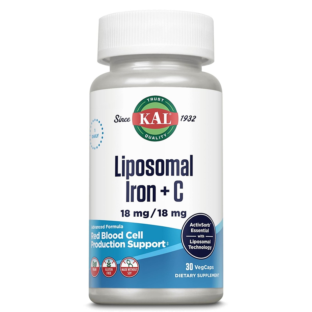תוספי ברזל KAL Liposomal עם ויטמין C, תוספת ברזל לנשים וגברים, Absorption גבוהה, Gentle Iron Pills, טבעוני, Gluten Free, 30 משרתים, 30 VegCaps