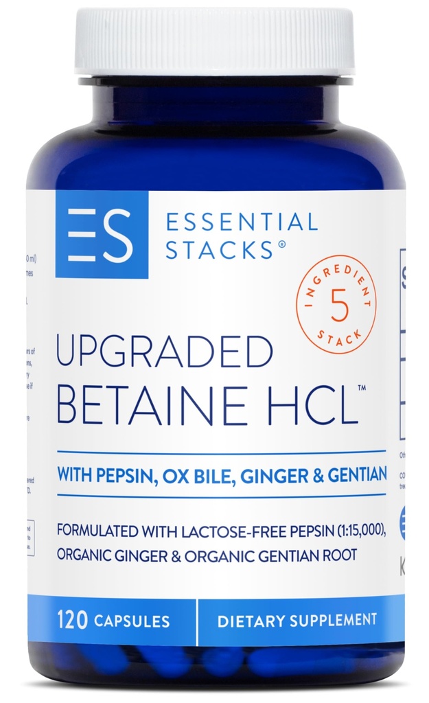 Essential Stacks Betaine HCL עם פפסין, Ox Bile, אורגני Gentian & הג'ינג'ר - Betaine hydrochloride תוסף ו- Digestive Enzymes, Bile & Bitters - Gluten, Milk & Soy Free (120 קפסולות)