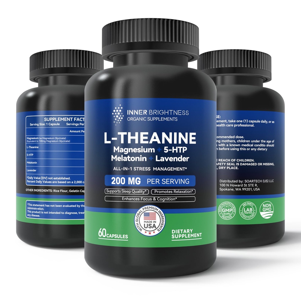 L Theanine 200 מ"ג, Magnesium, 5-HTP & Melatonin - All-in-1 L-theanine תוסף ל- Stress Relief, Focus & Cognition, Sleep - 60 קפסולות