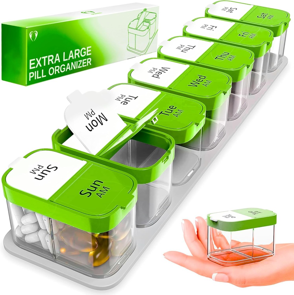 עוד מארגנת גלולות שבועיות גדולות - XL ויטמין Holder עם 7 השוואות של AM PM - Portable Medicine Dispenser for Home and Travel, Big Add Container for Weekly or Daily Use, Green Green