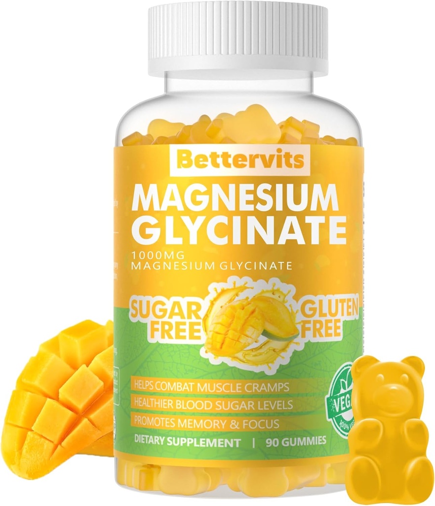 90 CT Magnesium Glycinate חניכיים 1000 מ"ג - סוכר חינם Magnesium Potassium תוספת עם ויטמין D, B6, CoQ10 עבור Calm Mood & Sleep Support - 90 מנגו Pineapplemies