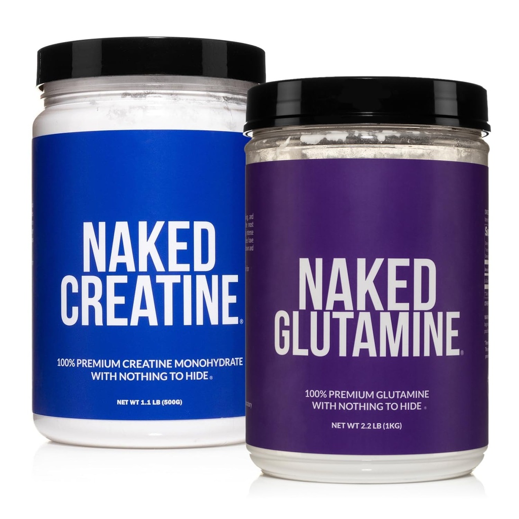 עירום טהור Micronized Creatine Monohydrate 100 המשרתים + 200 המשרתים Pure L-Glutamine Bundle: טבעוני, non-GMO, Gluten Free. Minimize שריר פורץ לאחור ושיפור סינתזת חלבונים. שום דבר מלאכותי