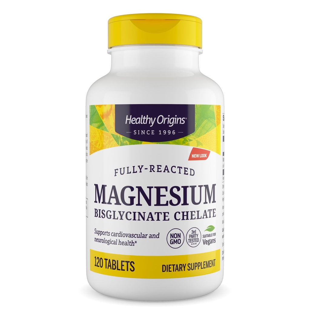 מקורות בריאים Magnesium Bisglycinate Chelate (Non-GMO, Gluten Free, Cardiovascular Support, Bone Support, Neuroלוגי תמיכה, טבעוני), 120 טבליות