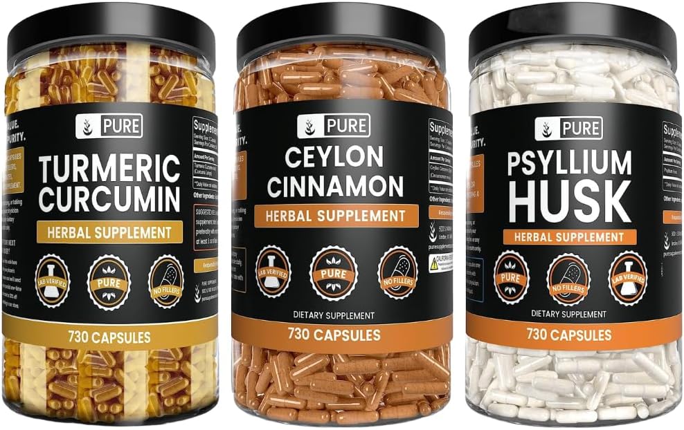 PURE ORIGINAL INGREDIENTS Ceylon Cinnamon, Psyllium Husk, ו- Turmeric Kap Bundle (730 קפסולות כל אחד), No Magnesium or Rice Fillers