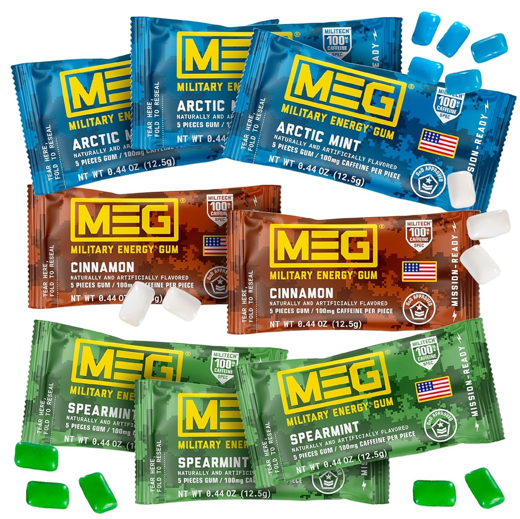 MEG - אנרגיה צבאית חניכיים | 100 מ"ג של Caffeine Per Piece + הגדלת אנרגיה + Boost Physical Performance + Multi Flavors of Arctic Mint , Spearmint, & Cinnamon + 8 Packs (40 Count)