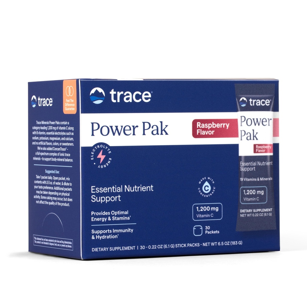 Trace מינרלים Power Pak Multivitamin ו- Multimineral Packets - תמיכה אלקטרוליטית - 1200 מ"ג ויטמין C Plus 70 Raspberry Flavor - 30 Packets