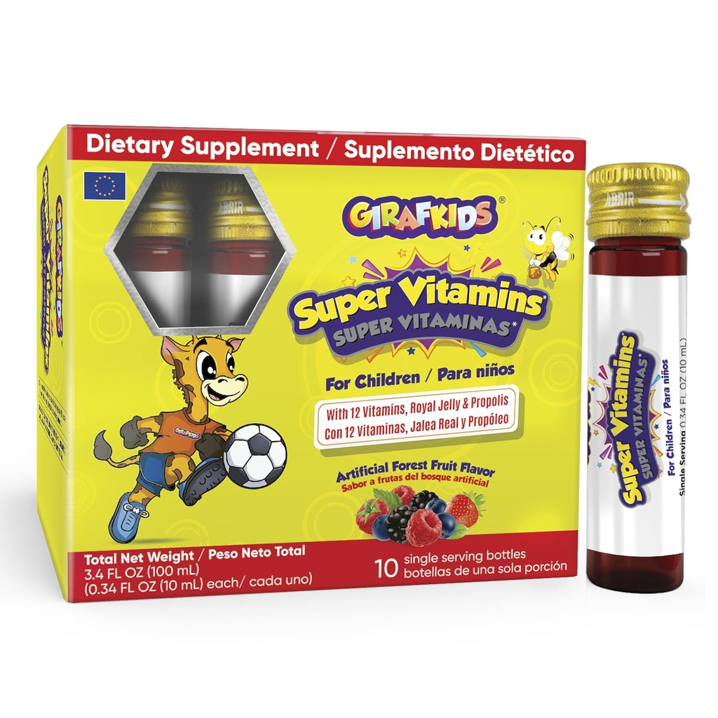 GirafKids Super ויטמינים לילדים בגילאים 4 | 10 בקבוקי מים חשמליים נוזליים Multivitamins עבור Immune Support & Energy | 12 ויטמינים | Tasty Forest Fruit Flavor