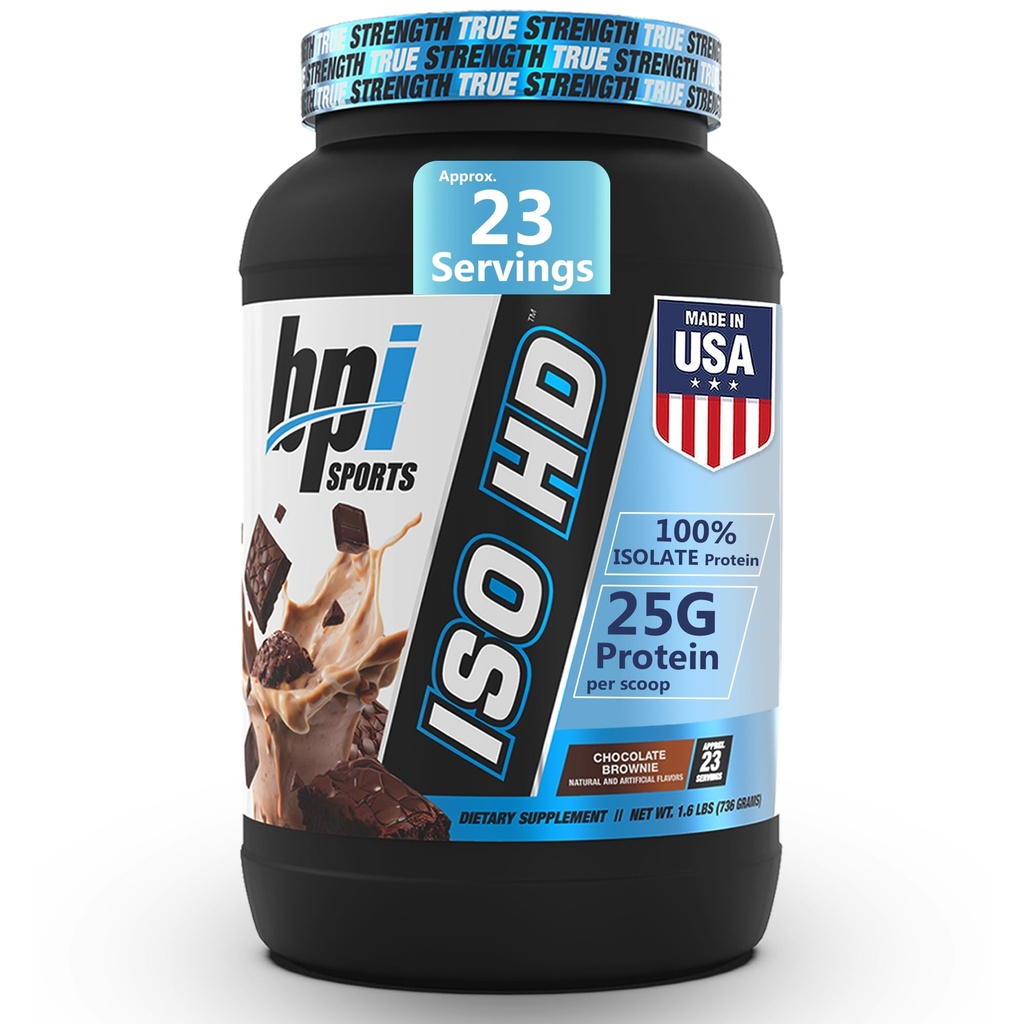 BPI Sports ISO HD Isolate אבקת חלבון - 100% Whey Isolate, אבקת חלבון עבור רווח שרירים - שוקולד Brownie - 1.6 Lb - 23 משרתות