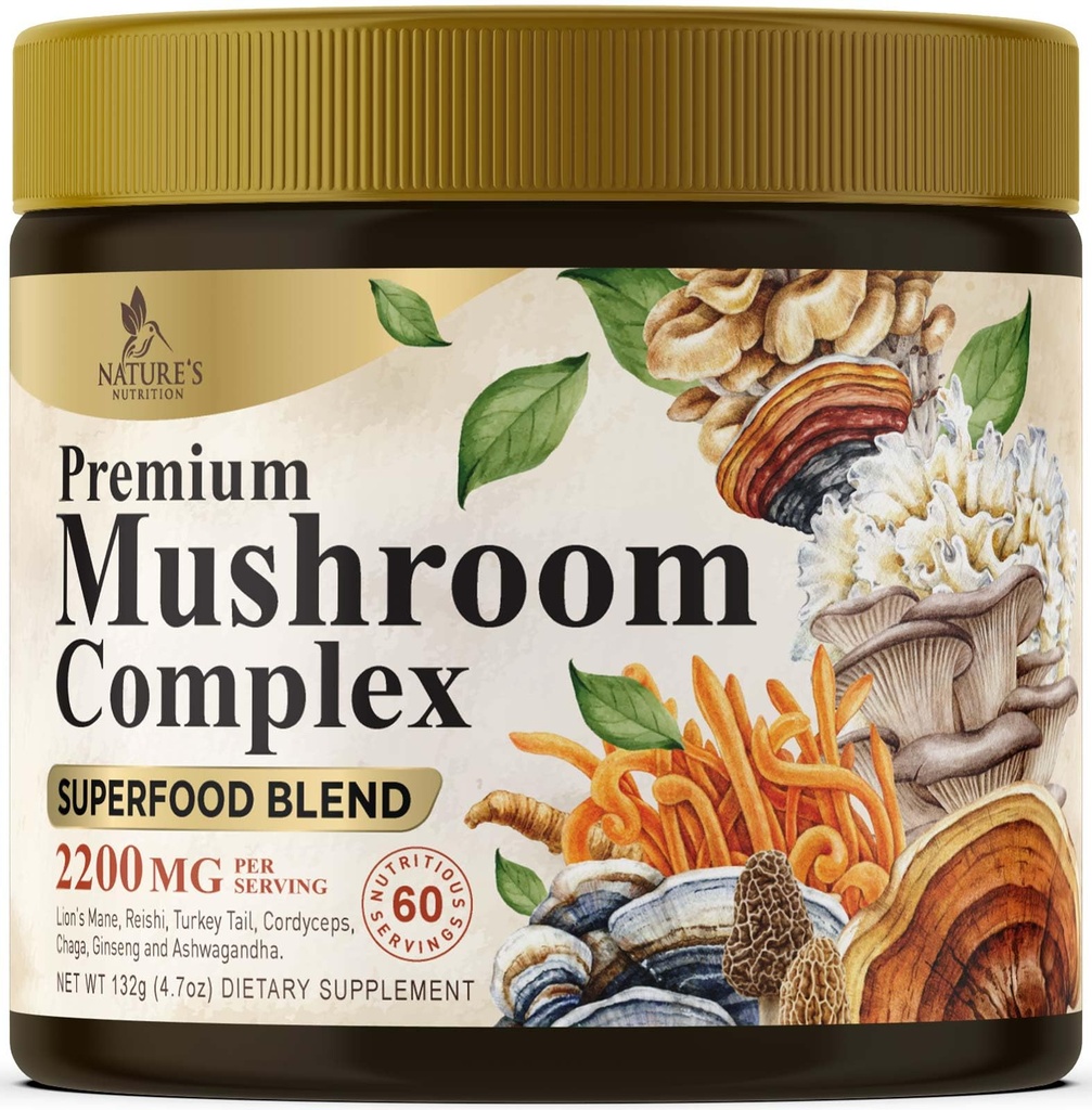 אבקת Mushroom תוספי 2200 מ"ג - 11 באבקת פורמולה מורכבת אחת עם אריות אורגניות Mane, Reishi, Cordyceps, Chaga, טורקיה Tail Mushroom תוספת לזיכרון ותמיכה במוח - 60 משרתים
