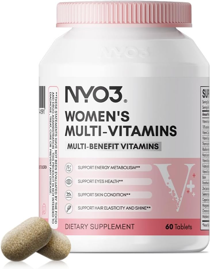 NYO3 Multivitamin עבור נשים עם Zinc & Biotin ויטמינים A,C,K,B2,B6,B12 & Multimineral | Daily Multivitamins Beauty & Energy | Gluten-Free, 60 יום אספקת יום