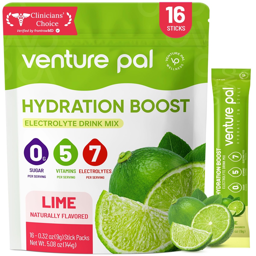 Venture Pal Sugar חינם Electrolyte אבקת Packets - נוזל יומי IV hydrotion Packets; אלקטרוליטים לשתות לערבב עם 5 ויטמינים ו 7 אלקטרוליטים | Keto Friendly | Non-GMO | מוסמך | 16 מקלים
