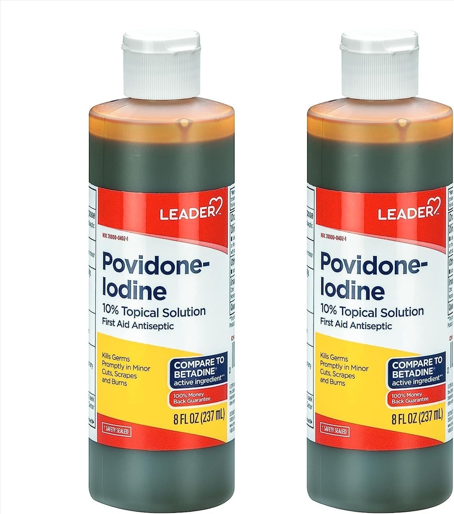 מנהיג Povidone Iodine 10% Prep פתרון USP, עזרה ראשונה אנטיסקפטית Wound ניקויser, Wound Wash, Antiseptic Soap (8 Fl Oz, Pack of 2)