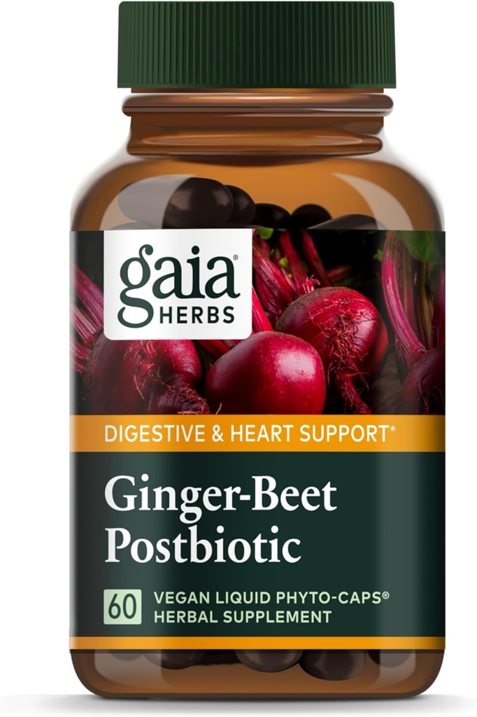 גאיה הרבס ג'ינג'ר-Beet Postbiotic - תוספת לתמיכה ב- Gut & Heart Health Support - Made with Organic Fermented Beets & הג'ינג'ר - Free from Milk, Soy & Gluten - 60 קפסולות טבעוניות (30 משרתים)