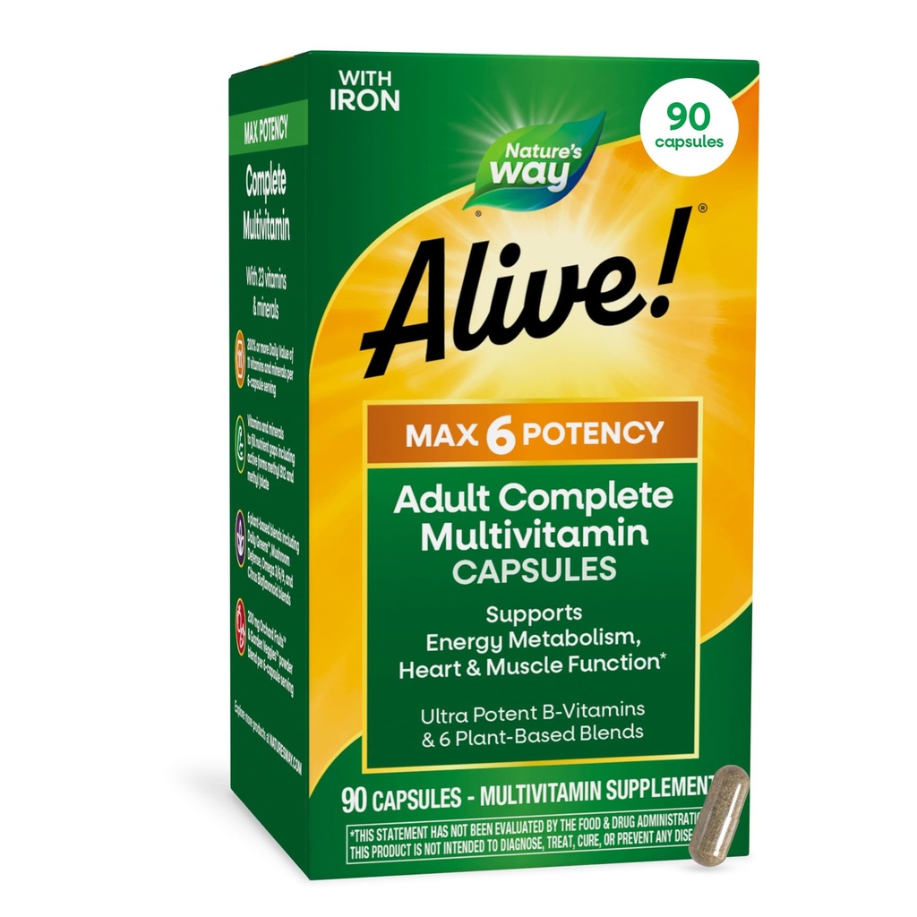 הדרך של הטבע חי! Max6 Potency Adult Complete Multivitamin, עם ברזל, ויטמינים A, C, E & B-Vitamins כולל Methylated B12 & Folate, תומך במטבוליזם אנרגיה *, 90 קפסולות (Packaging May Vary)