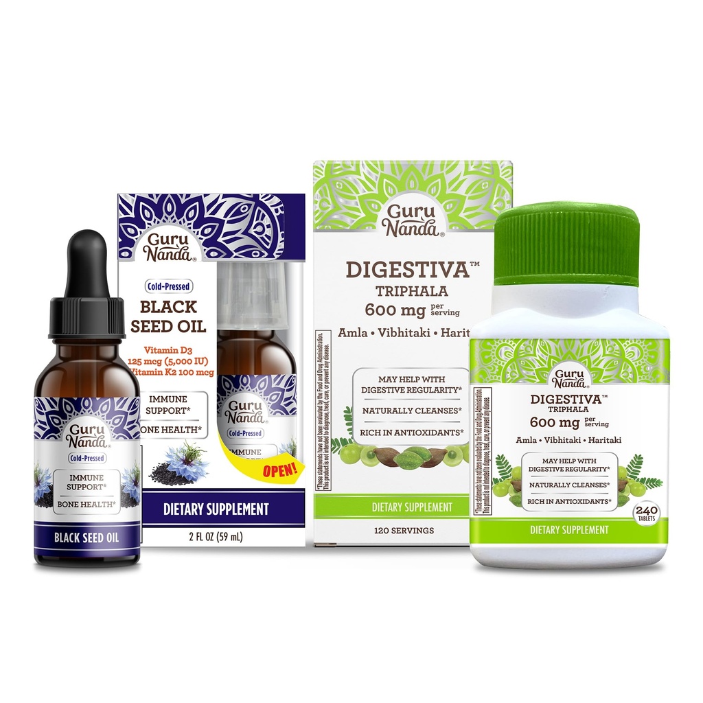 GuruNanda Black Seed Oil, Cold-Pressed Nigella Sativa - עשיר בויטמין D3 5000 יחידות ו- Digest Triphala (240 טבליות), Supports Digest, Helps with Bloating