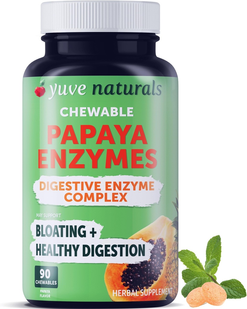 Yuve Natural Papaya Digestive Enzymes - סוכר חינם Chewable Candies - מקדם Better Digest - Constipation & Bloating Aid, Detox, Leaky Gut תיקון & Gas הקלה - טבעוני, non-GMO, Gluten-Free 90ct חינם - 90ct