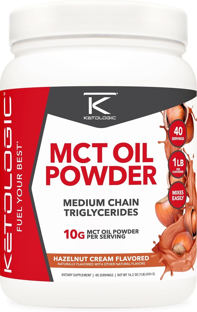 Ketologic MCT שמן אבקת Hazelnut Cream (1LB) - Keto Coffee Creamer & אנרגיה תמיכה - 41 משרתי רשת בינונית Triglycerides עבור Focus & דלק