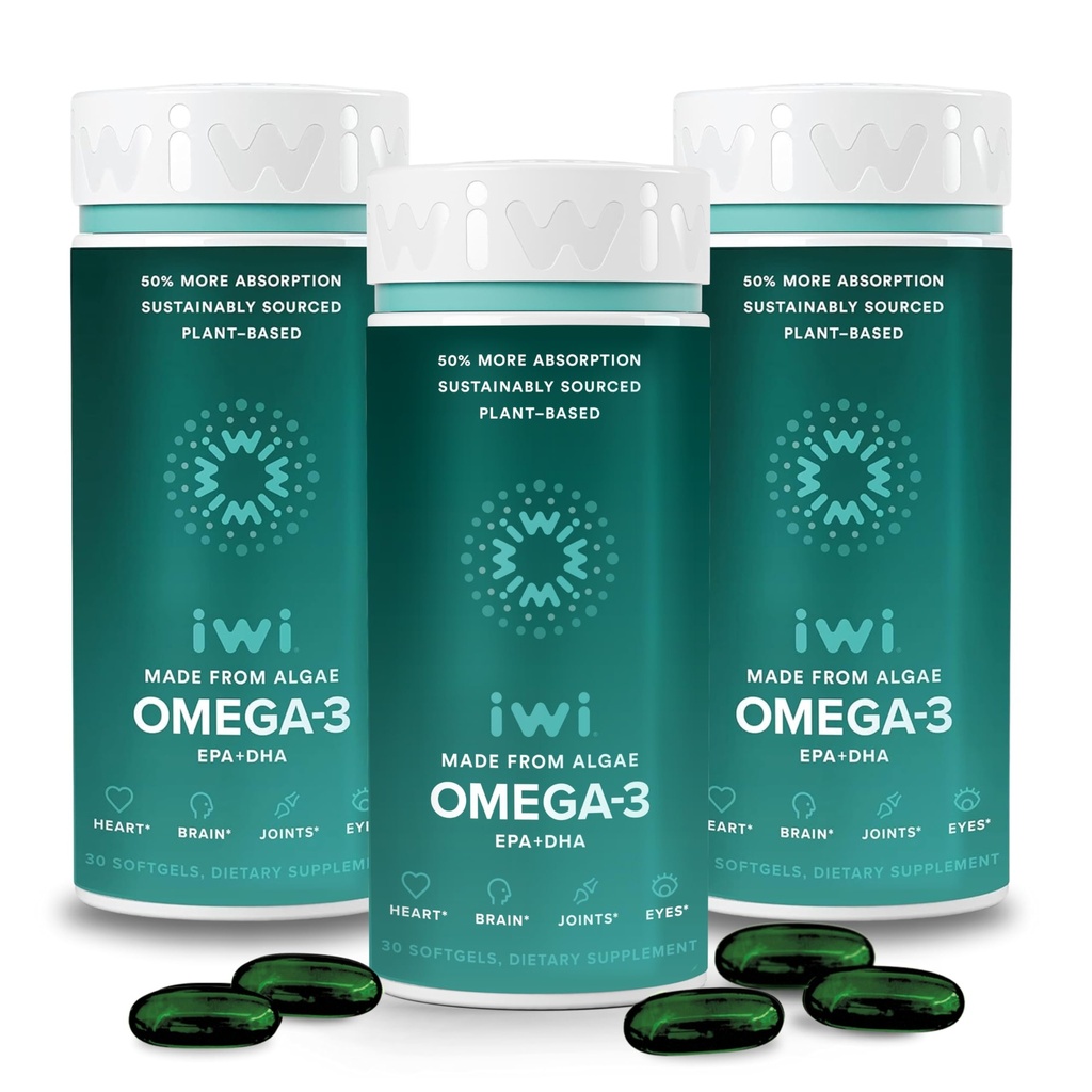 Iwi אומגה 3, 90 Softgels (90 משרתים), טבעוני צמחי מבוסס Algae אומגה 3 עם EPA + DHA, Whole-Body תמיכה Dietary תוסף, קריל & Fish שמן אלטרנטיבי, No Fishy Aftertaste
