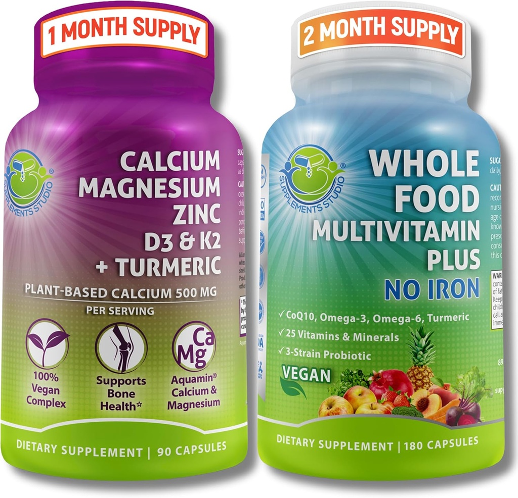SUPPLEMENTS STUDIO Daily Immune, Bone & Energy Support Bundle for Men & Women - Vegan Whole Food Multivitamin Without Iron & Plant-based Calcium Magnesium עם D3, K2 & Turmeric - טבעוני, Non-GMO
