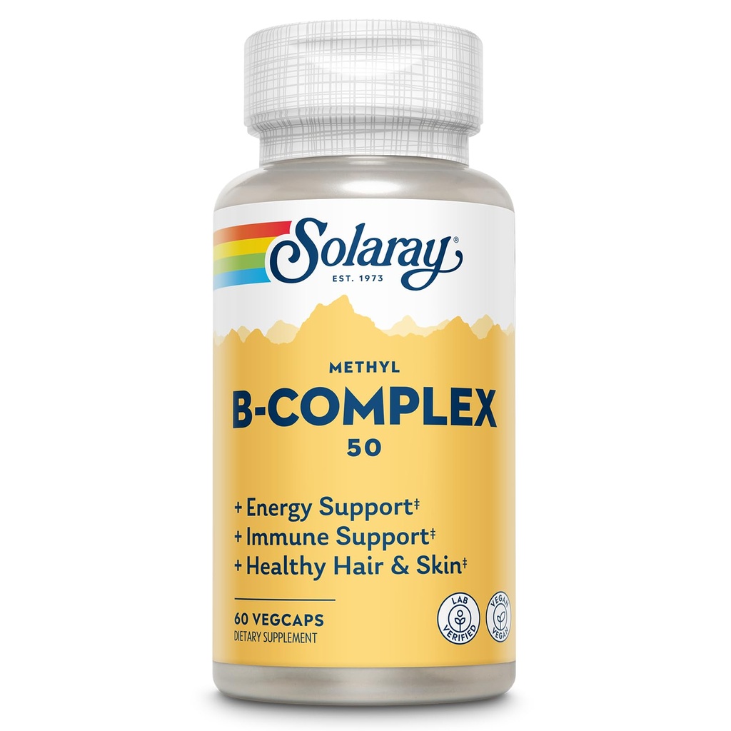 SOLAרי Methyl B Complex 50 מ"ג - ויטמין B Complex עם ויטמין B12, B6, B1, Folic Acid, Biotin ועוד - תוספי אנרגיה סלולריים, תמיכה פונקציונלית עצבית - טבעונית, 60 ימים ערבות, 60 משרתות, 60 משרתים, 60 משרתות