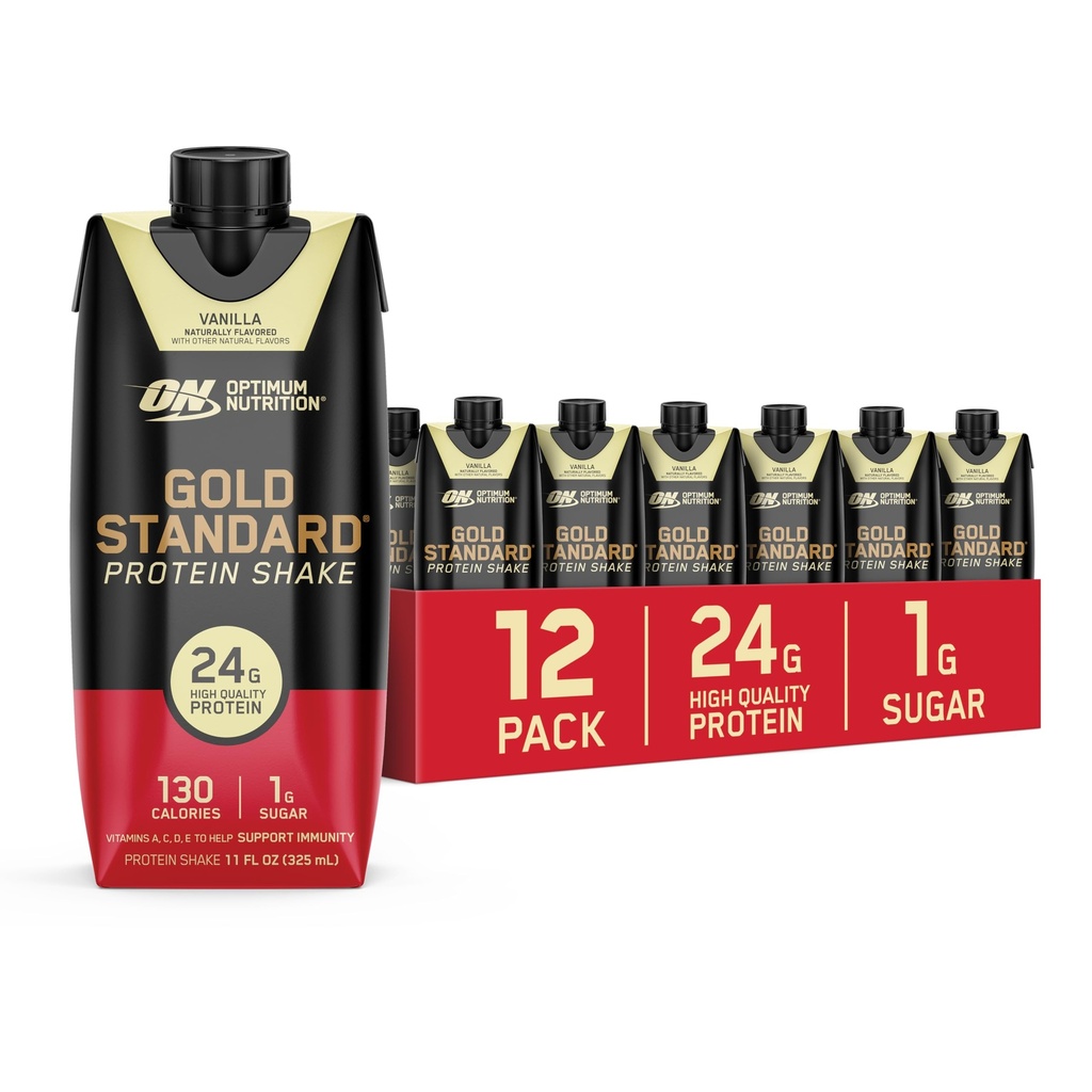 אופטימוסם תזונה זהב חלבון שקד, 24g חלבון, מוכן לשתות חלבון שקד, גלוטן חינם, ויטמין C עבור תמיכה Immune, Vanilla, 11 Fl Oz, 12 Count (Pack of 1) (Packing May Vary)