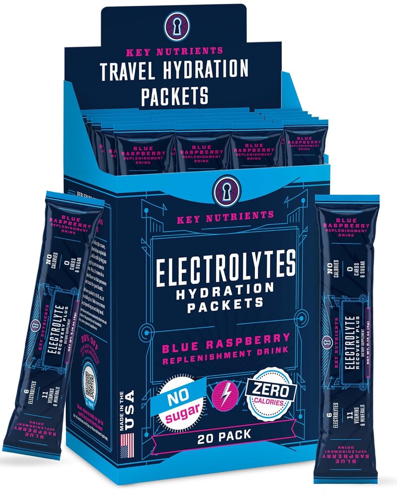 KEY NUTRIENTS אבקת Packets 20 Pack - No Sugar, Delicious Blue Raspberry, hydrotion Packets עם אבקת אלקטרוליטה עבור מרעננים אלקטרוליטה שתי Packets - Zero Calories