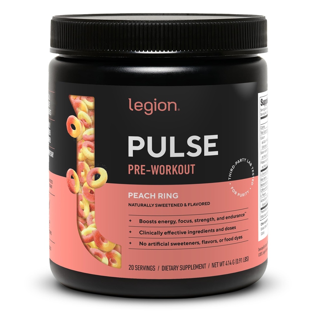 LEGION Pulse Pre Workout - All Natural Nitric Oxide Preworkout Drink to Boost Energy, Creatine Free, Sweetened, Betaine, Citrulline, Alpha GPC (Peach)