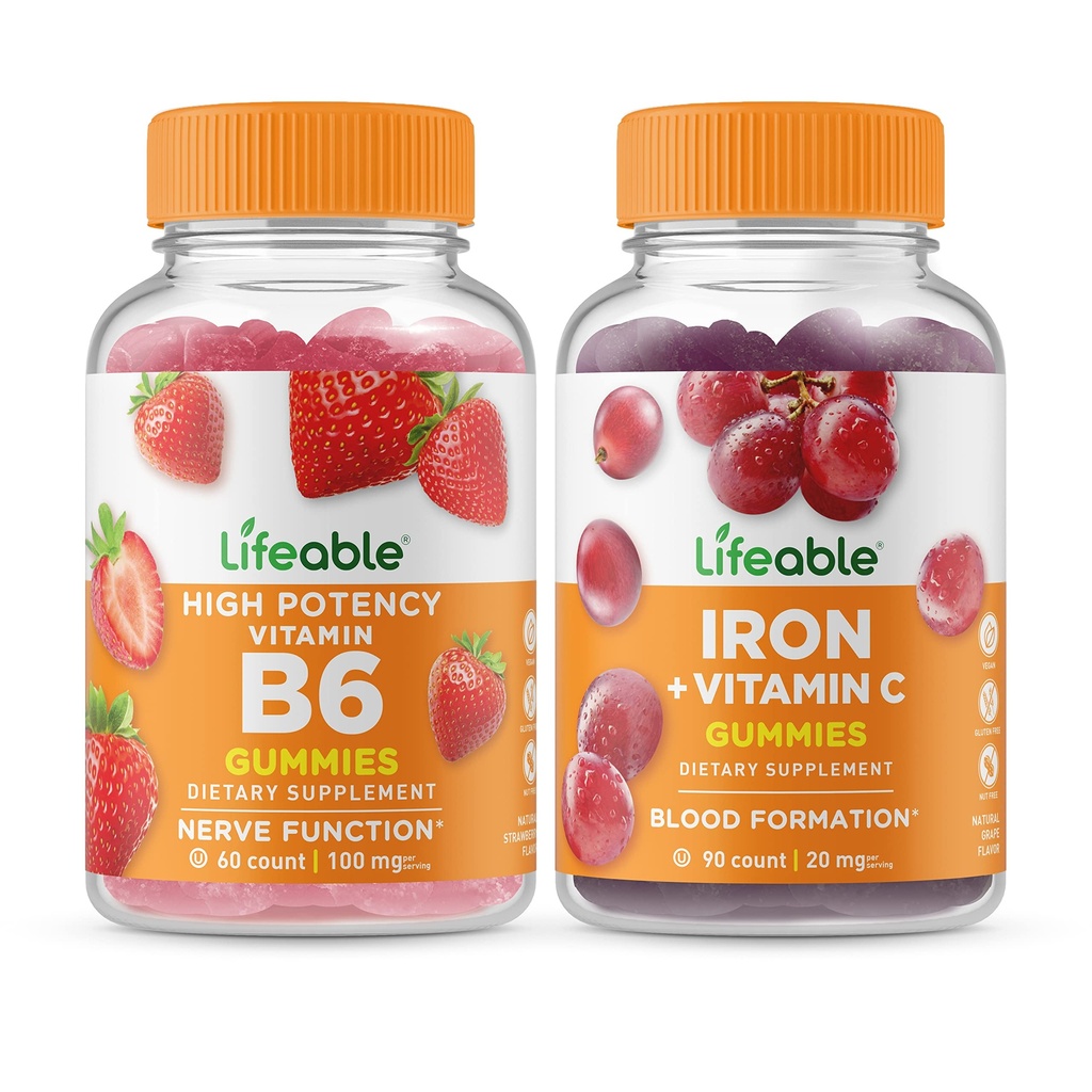 ויטמין B6 + ברזל עם ויטמין C, חניכיים Bundle - גדול Tasting, ויטמין תוסף, Gluten Free, GMO חינם, Chewable