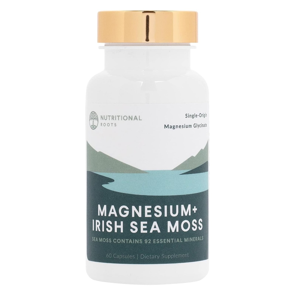 שורשים תזונתיים - Magnesium + Irish Sea Mos - 350 מ"ג Magnesium Glycinate & Organic Irish Sea Mosss - Essential מינרלים - תמיכה בריאות הלב והעצמות - תזונה - תוספי 30 לשרתים - 60 קפסולות