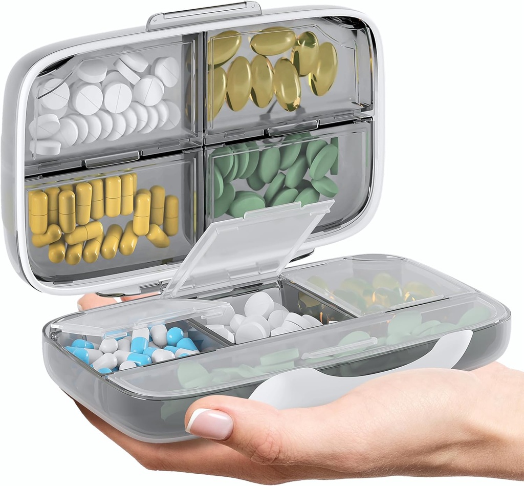 Travel Pill Organer - Airtight Medicine Case for Travel Portable Pharmacy Box with Labels Container 8 השוואתי תרופות הולדר יכולות גדולות מדי יום (Grey)