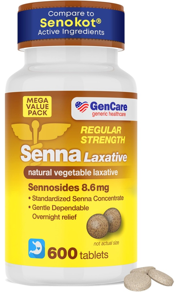 GenCare Senna Laxative 600 טבליות Senna 8.6 מ"ג טבליות עם Natural Sennosides | Laxatives for Constipation, Bloating, Gas & Irregularity Relief. בטוח ויעיל / Generic for Senokot