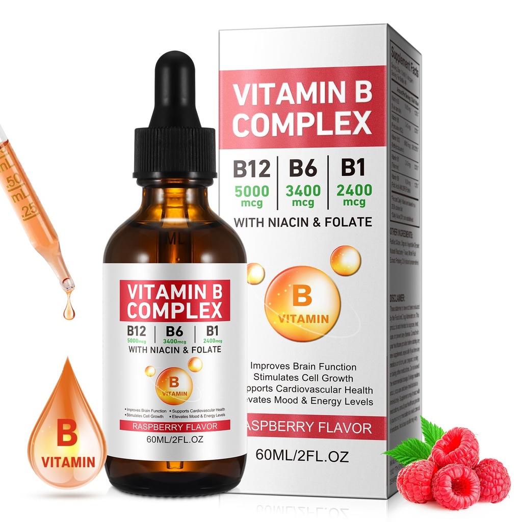 ויטמין B Complex נוזל, ויטמין B12 טיפות נוזליות | B12 Methyleobalamin | B1 Thiamine | B6 Pyridoxine | Folic | Niacin - B Complex Liquid Drops, Support Energy, Brain & Heart, 40 משרתים