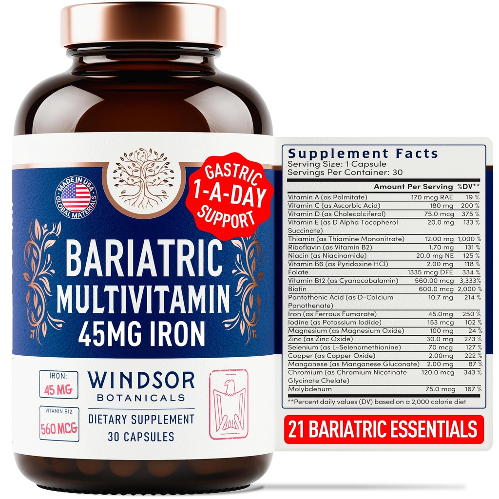 Bariatric Multivitamin עם ברזל - 45mg Iron Easy to Swallow, One a Day Bariatric ויטמינים for Women and Men - Gastric Bypass, Gastric Oak Recovery Multivitamins - 30 Caps