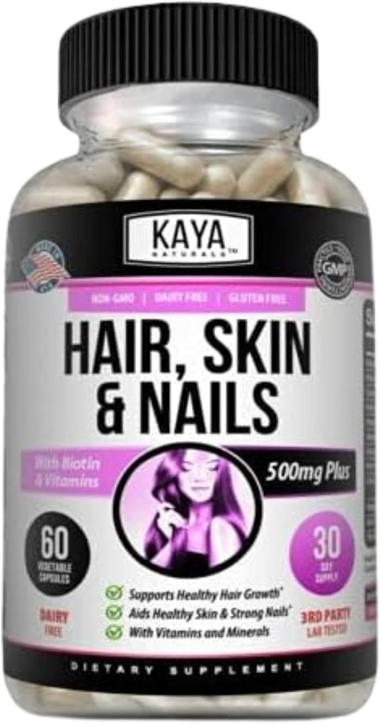 Kaya Naturals Hair Skin Nail קפסולות BIOTIN ויטמין B-12 A Folic Acid תמיכה, ויטמין תמיכה לשיער