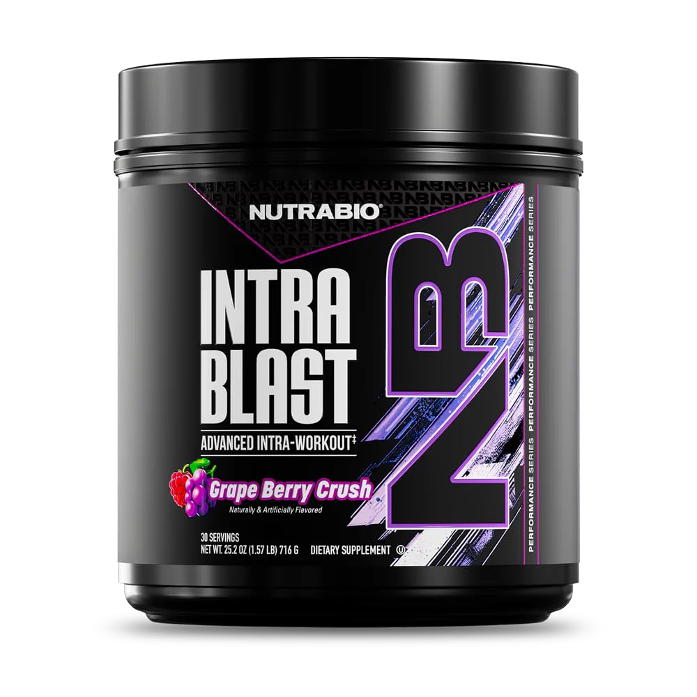 NutraBio Intra Blast Bcaa אבקה Amino Acid תוספת, אלקטרוליטה ו hydrotion בלנדר, Intra, Pre Workout & שריר התאוששות, 20g Eaa Amino Acids אבקת, 5g Glutamine- Grape ברי Crush, 30 המשרתים 30 המשרתים, 30 המשרתים.