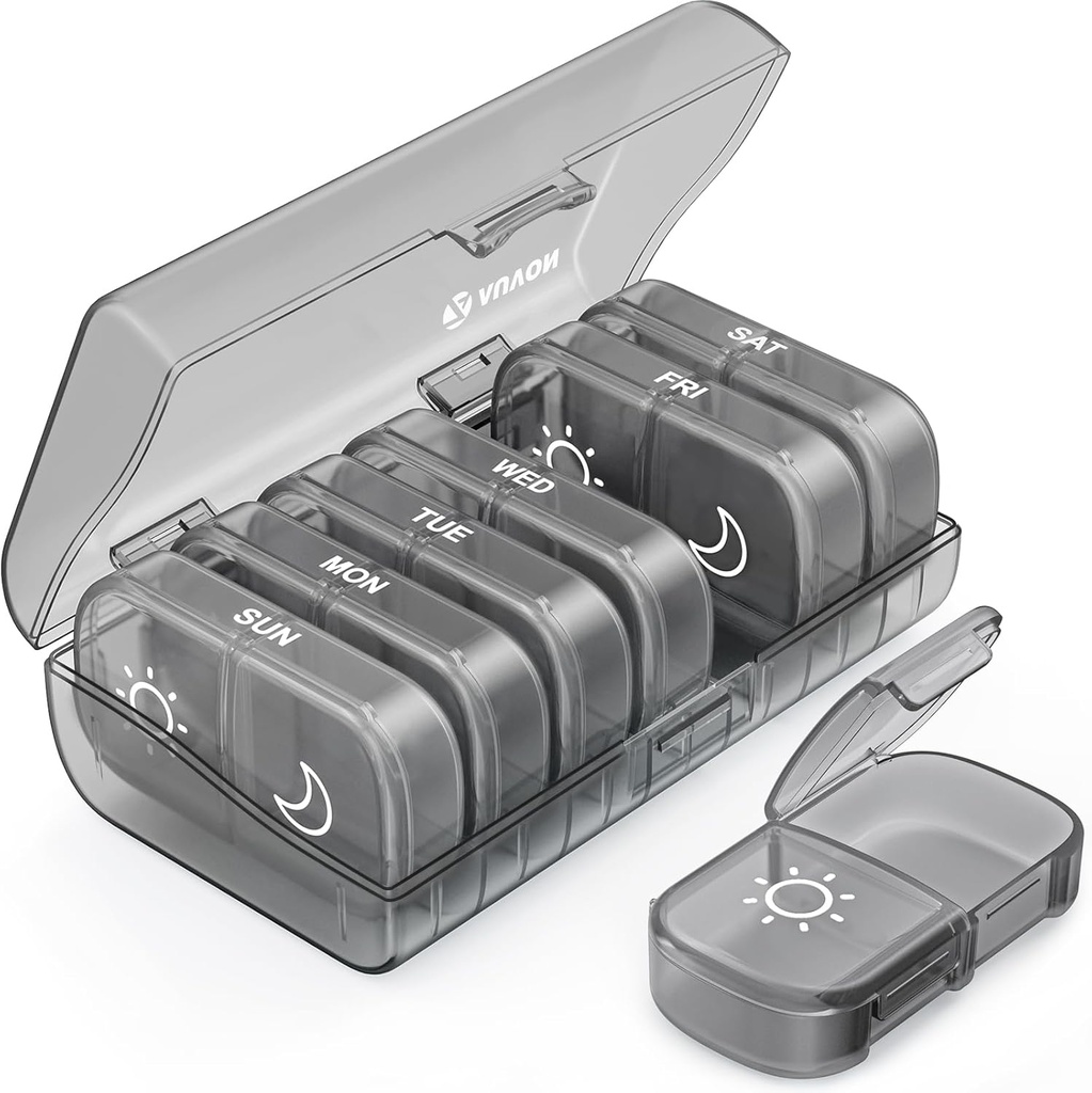AUVON XL שבועי גלולות מארגנת 2 פעמים ביום, Pill Box 7 Day עם One-Side גדול פתחים עבור Easy to Use, Gray AM PM Pill מקרה עבור תרופות, ויטמינים, שמן דגים, תוספים