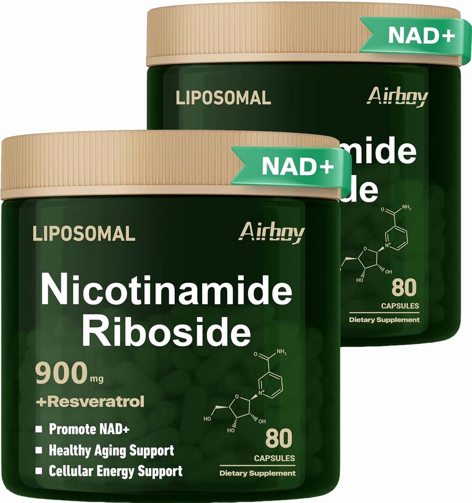 Airboy Liposomal Nicotinamide Riboside 900 מ"ג, NAD תוספת עם Resveratrol,NMN Alternative NAD Booster תמיכה אנטי-Aging, אנרגיה, פוקוס - 80 קפסולותx 2 Pack