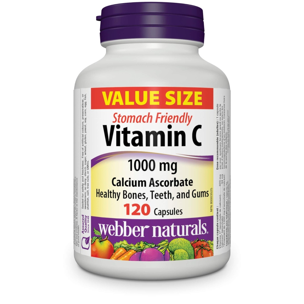 Webber Naturals ויטמין C Calcium Ascorbate 1000 מ"ג) Stomach Friendly, 120 קפסולות