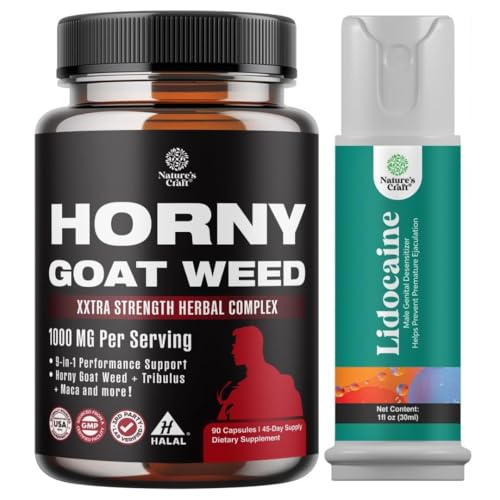 Bundle of Hory Goat Weed for Men with Black Maca Root, Tongkat Ali, Saw Palmetto & Panax Geneseng Extracting and Lidocaine Desensitizing Topical Spray Climax control - Boost Endurance and Stamina