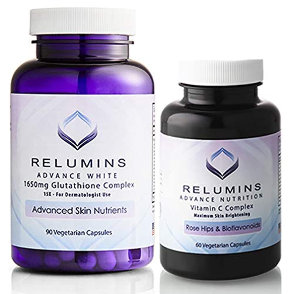 Relumins Advanced White Set - 1650mg Glutathione Complex (90 קפסולות) ו-C מתקדם עם Rose HIPS ו Bioflavonoids (60 קפסולות) Bundle