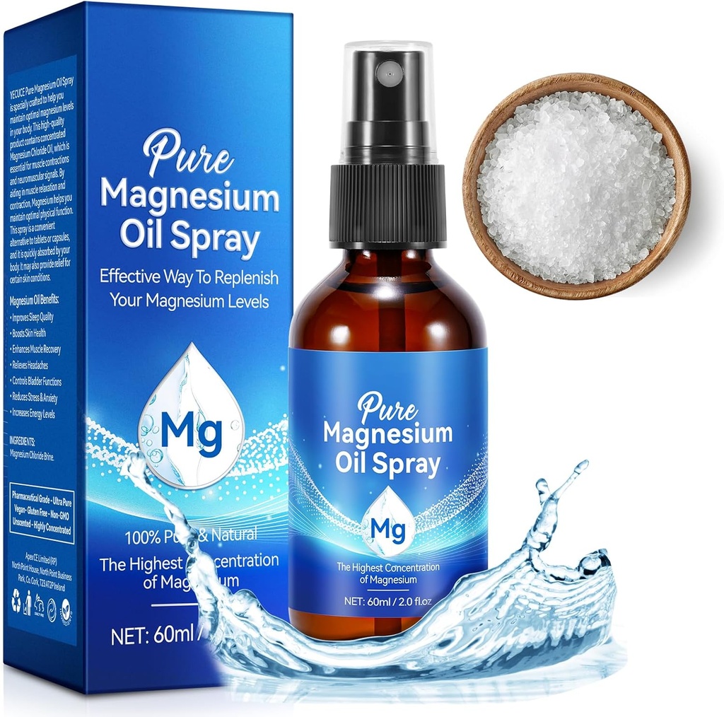 Magnesium Oil Spray, שמן מגנזיום טהור לרגליים,100% טבעי אורגני Magnesium Spray Glass בקבוק, Easy to Absorb & Use, Topical Magnesium Spray (2 Fl Oz, Pack of 1)