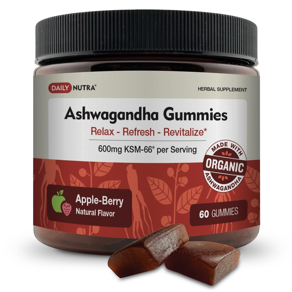 KSM-66 Ashwagandha Gummies - 600 מ"ג פריץ שורש אורגני לשרת - טעים Apple-Berry Flavor | תמיכה מרגיעה, פוקוס, אנרגיה (60 מסטיק)