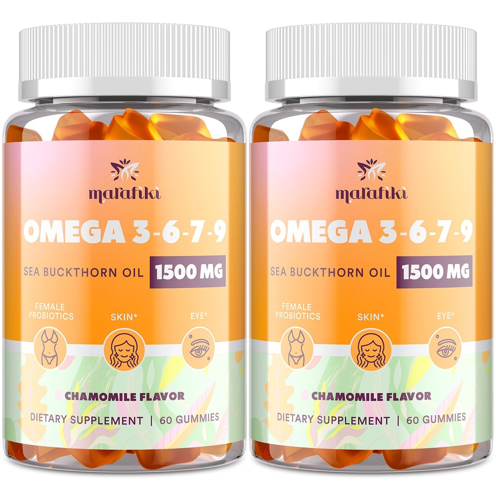 אומגה 7 Sea Buckthorn שמן חניכיים, אומגה 3 6 7 9 תוספת לנשים, שמן פלמקסד, ויטמינים E, A & Probiotics - Skin, Eye & מייבשness, Chamomile Flavor - 120 מסטיק