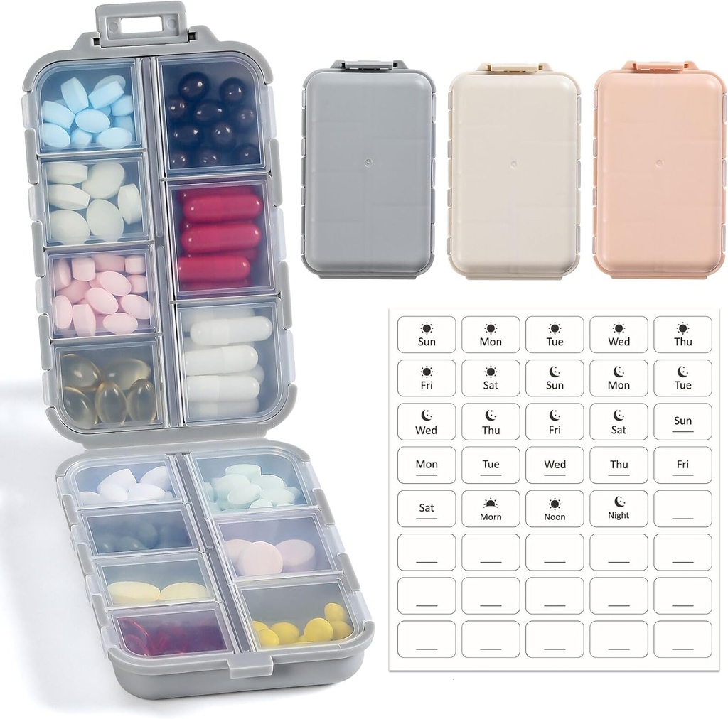 LANDNEOO 14 Grids Pill מארגנת Box with Labels, Travel Medicine Holder Dispenser Case Kit Kit, Pocket Daily Pharmacyer for Fish Oil Storage, Khaki Pink Grey, 3 Pack
