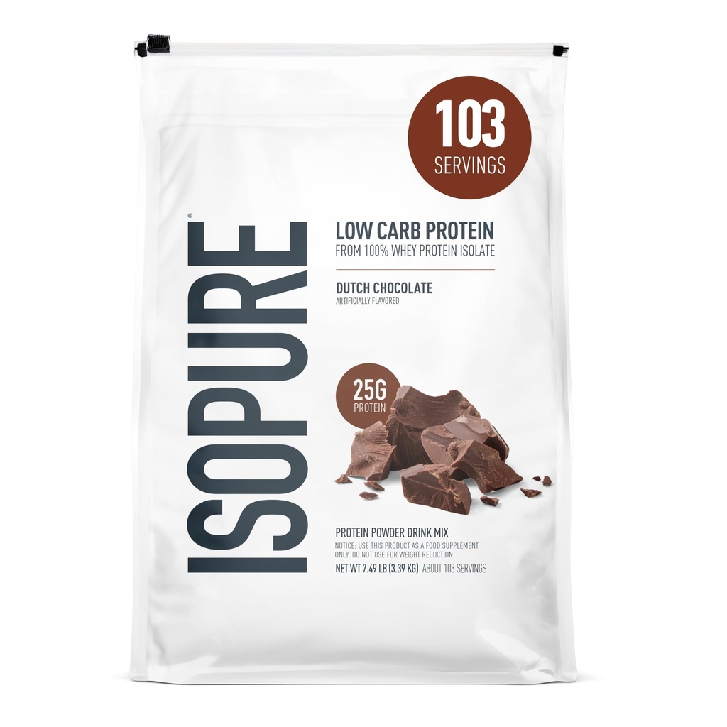 Isopure Low Carb 100% טהור Whey Isolate אבקת חלבון, Lactose חינם, Gluten חינם, עם ויטמינים, שוקולד הולנדי, 25g חלבון Per המשרת, 7.5 Lbs, 103 משרתות (Packaging May Vary)